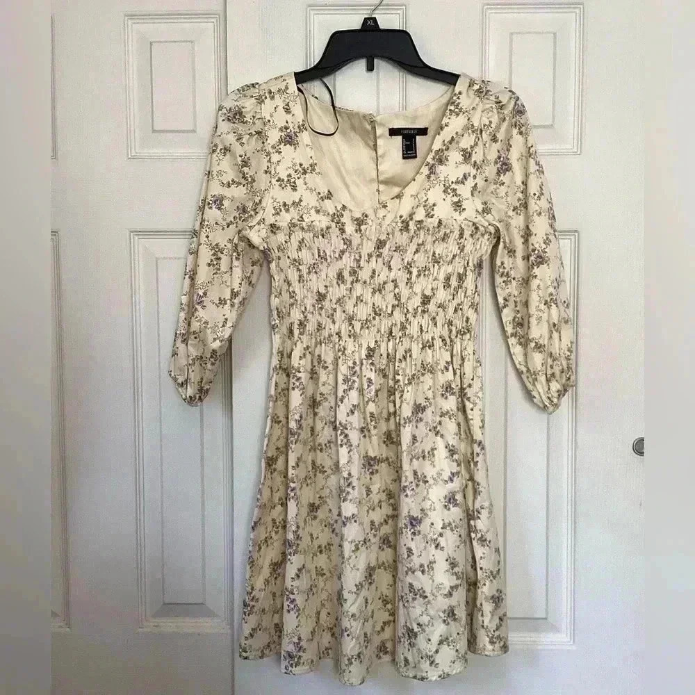 Forever21 Yellowish Cream  smocked Floral Mini  dress Size Small